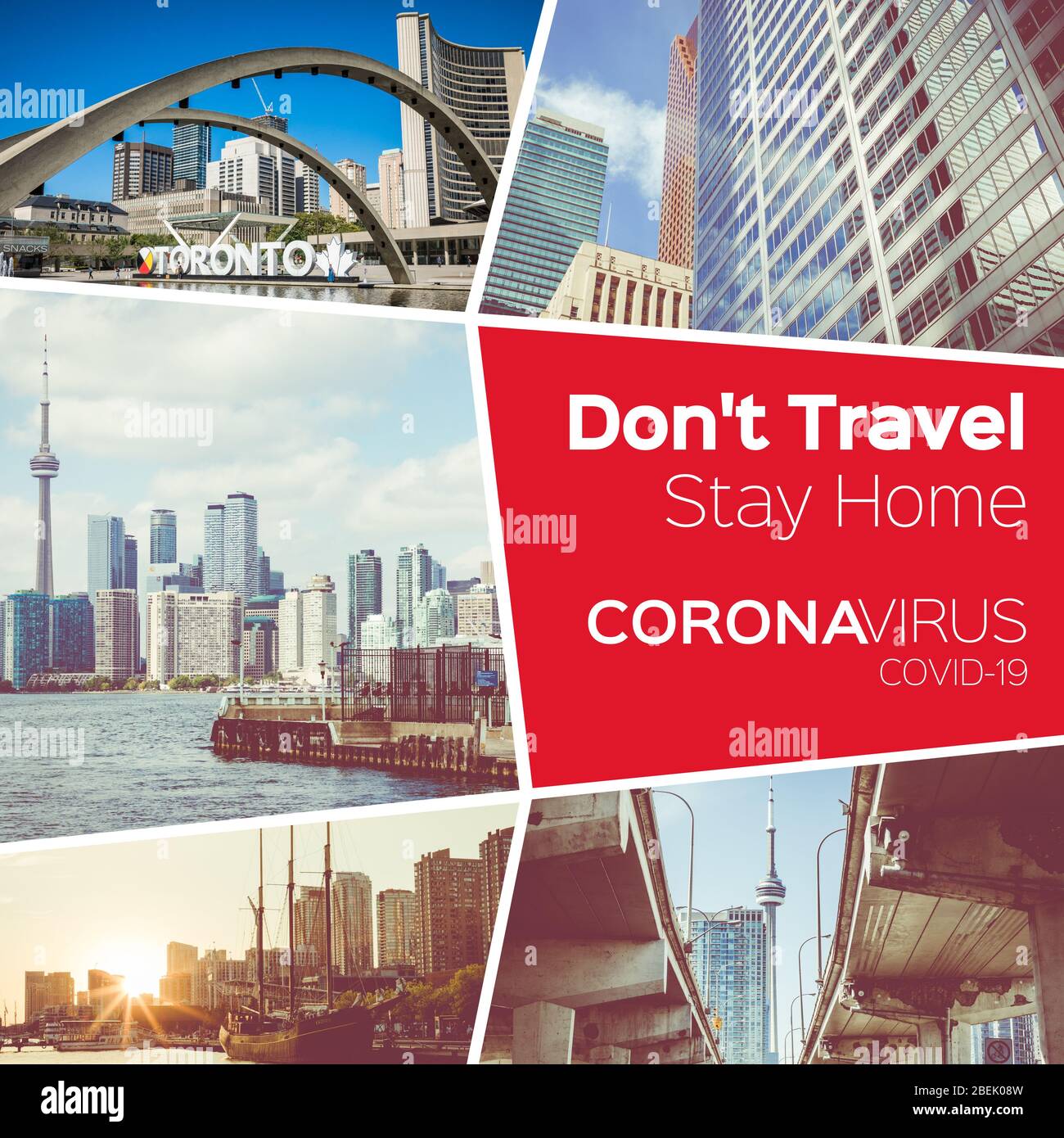 Collage Coronavirus Covid-19 Toronto, Canada. Épidémie de virus au Canada. Quarantaine. Restez chez vous. Quarantaine. Verrouillage. Règlements de voyage. Banque D'Images