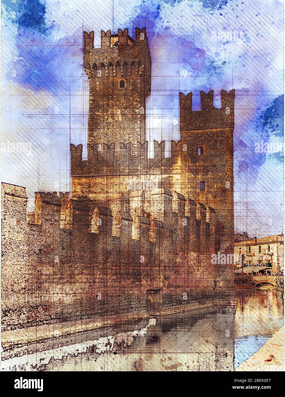 Le château Scaliger se trouve à Sirmione, près du lac de Garde, en Italie. Style d'esquisse aquarelle. Banque D'Images