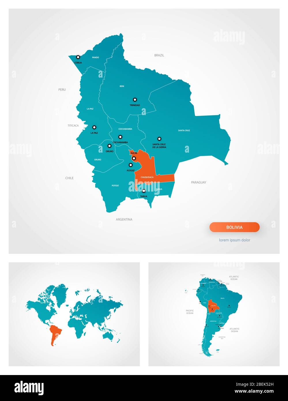 Modèle modifiable de carte de Bolivie avec des marques. Bolivie sur la carte du monde et sur la carte de l'Amérique du Sud. Illustration de Vecteur