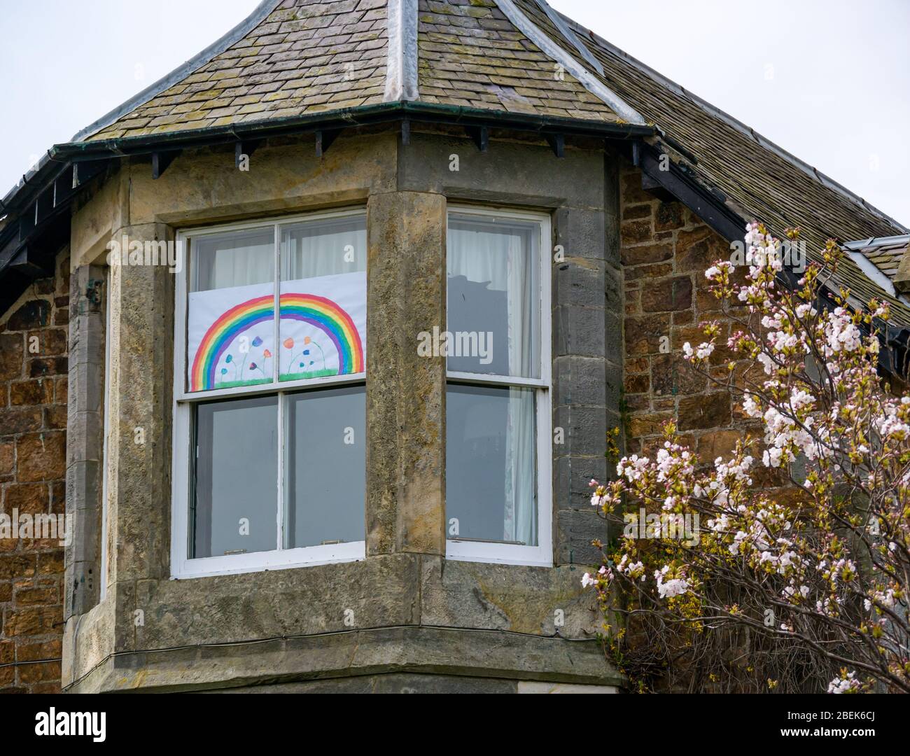 Coronavirus Covid-19 espère que l'arc-en-ciel s'étire dans la fenêtre de la maison victorienne pendant le verrouillage de la pandémie, East Lothian, Ecosse, Royaume-Uni Banque D'Images