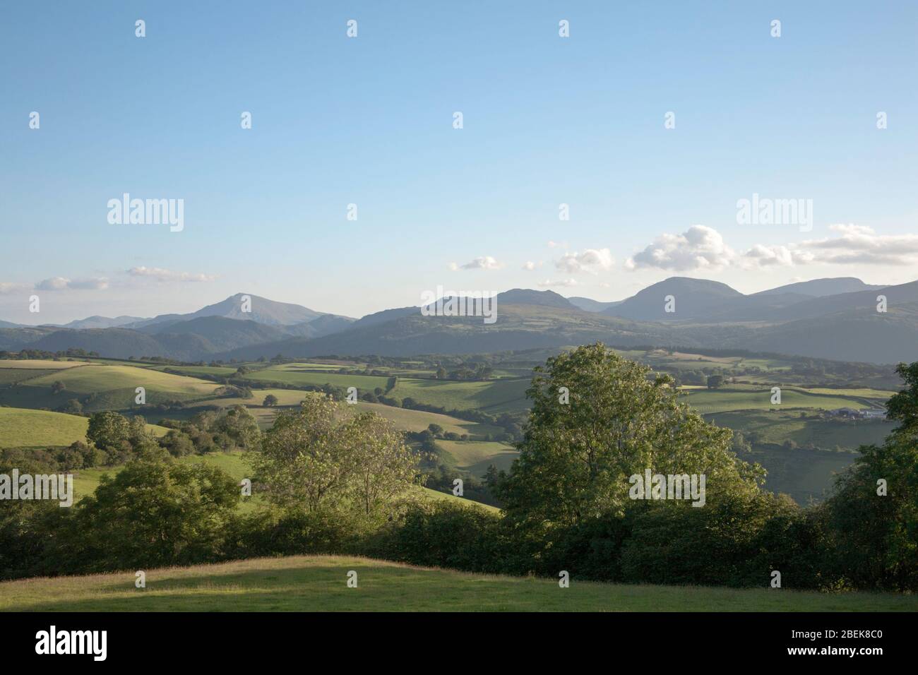 Moel Siabod et les montagnes le long de la vallée de Conwy Snowdonia lors d'une soirée d'été près du village d'Eglwysbach Conwy North Wales Banque D'Images