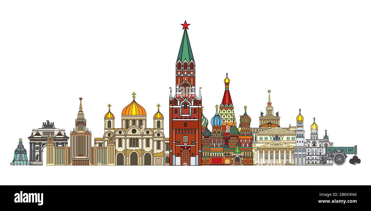 Illustration panoramique colorée de Moscou avec des monuments architecturaux vue de face dans le style art de ligne isolé sur fond blanc. Horizon russe Illustration de Vecteur