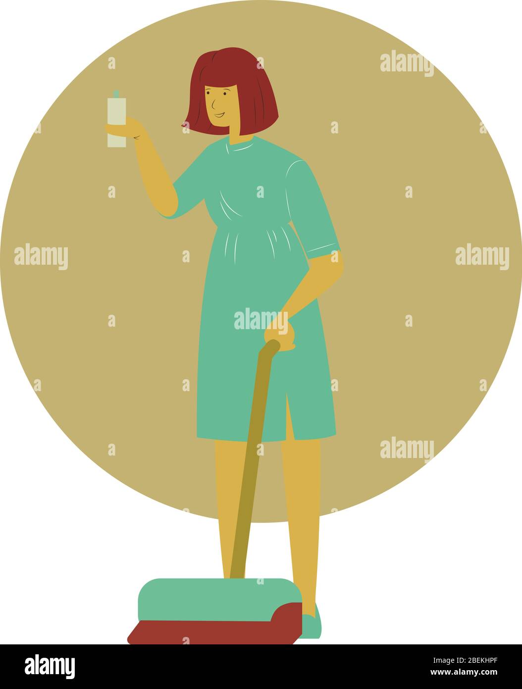 Femme de ménage vecteur avec aspirateur et vaporiser dans ses mains plat illustration de dessin animé Illustration de Vecteur