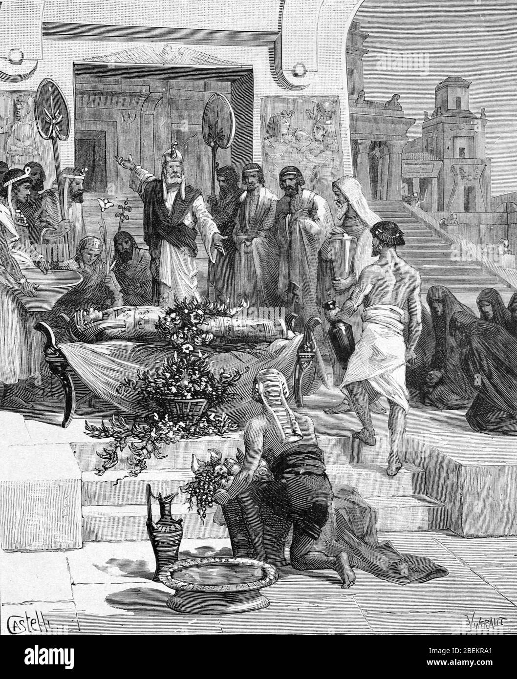 Pharaon allongé dans l'État, la mort ou funéraire d'un Pharaon en Egypte ancienne. Vintage ou ancienne illustration ou gravure 1887. Banque D'Images