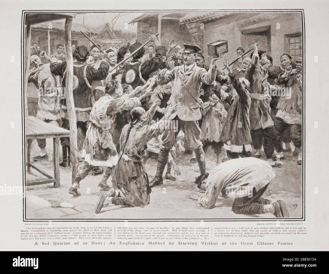 Incident impliquant un Anglais lors de la famine chinoise de 1907 dans l'édition de mai 1907 du Graphic, un journal illustré hebdomadaire, publié à Londres de 1869 à 1932. L'histoire de ce qui a été délaissé l'Anglais est racontée dans la légende sous la photo. Banque D'Images