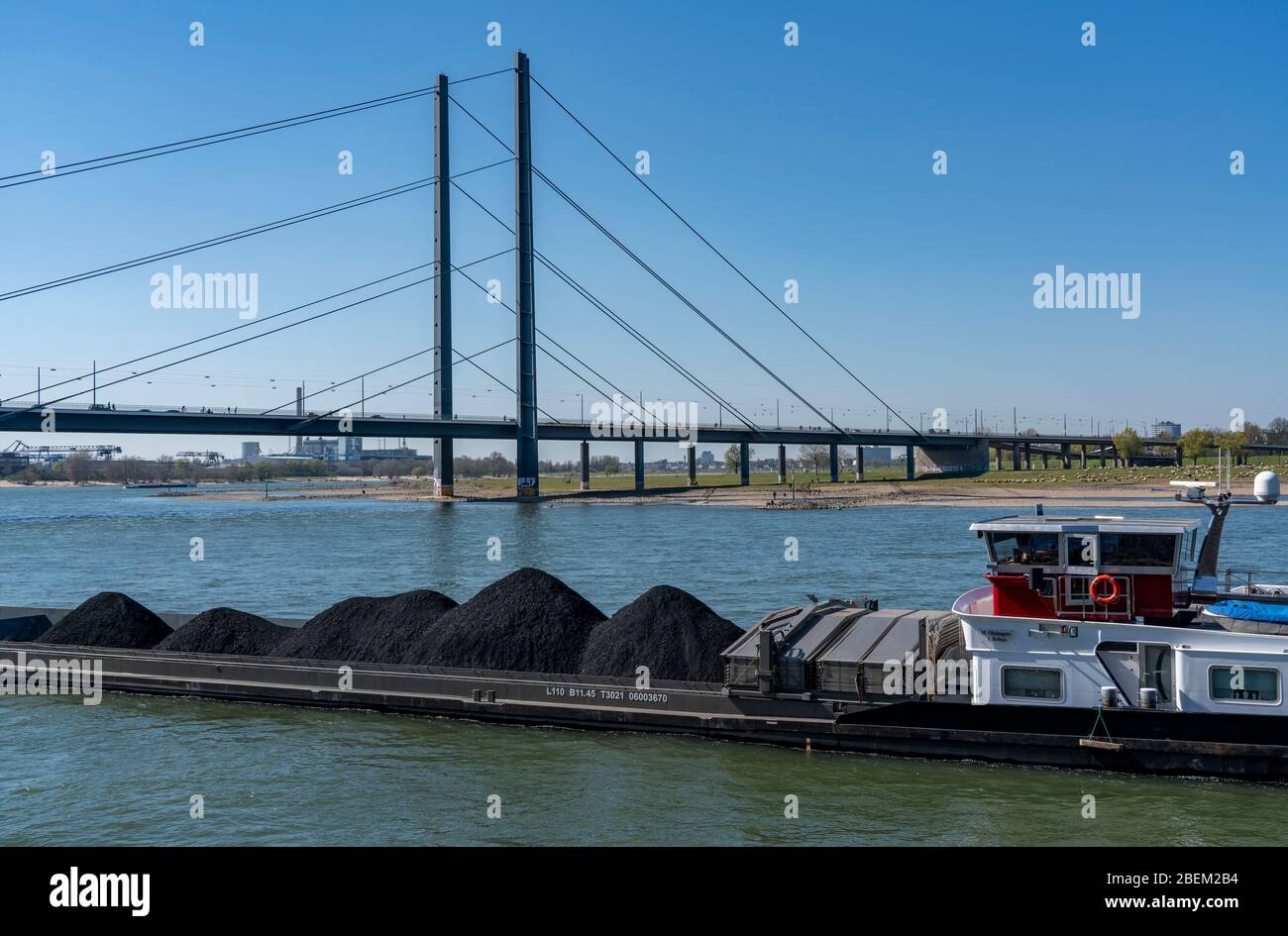 Cargo au charbon sur le Rhin près de DŸsseldorf, pont Rheinknie, Allemagne, Banque D'Images