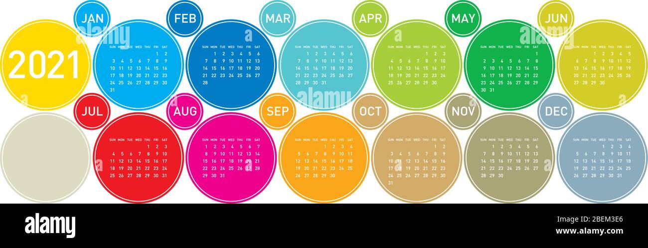 Calendrier coloré des cercles pour l'année 2021, dans les vecteurs Illustration de Vecteur