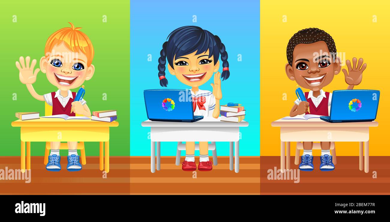Souriant heureux élèves européens, asiatiques et africains en uniforme à l'école assis à la table de l'école Illustration de Vecteur