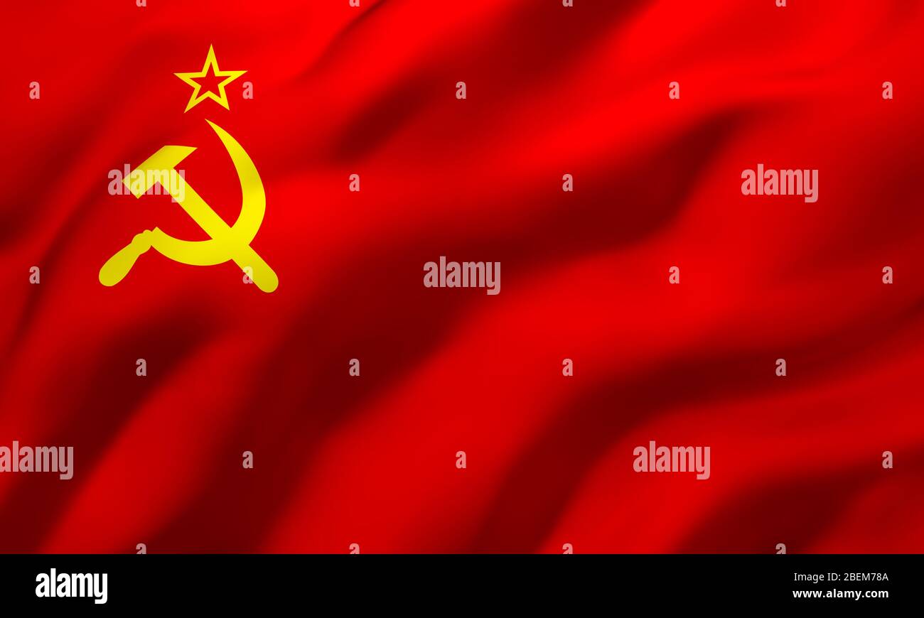 Drapeau de l'Union soviétique soufflant dans le vent. Drapeau volant rouge URSS pleine page. Illustration tridimensionnelle. Banque D'Images