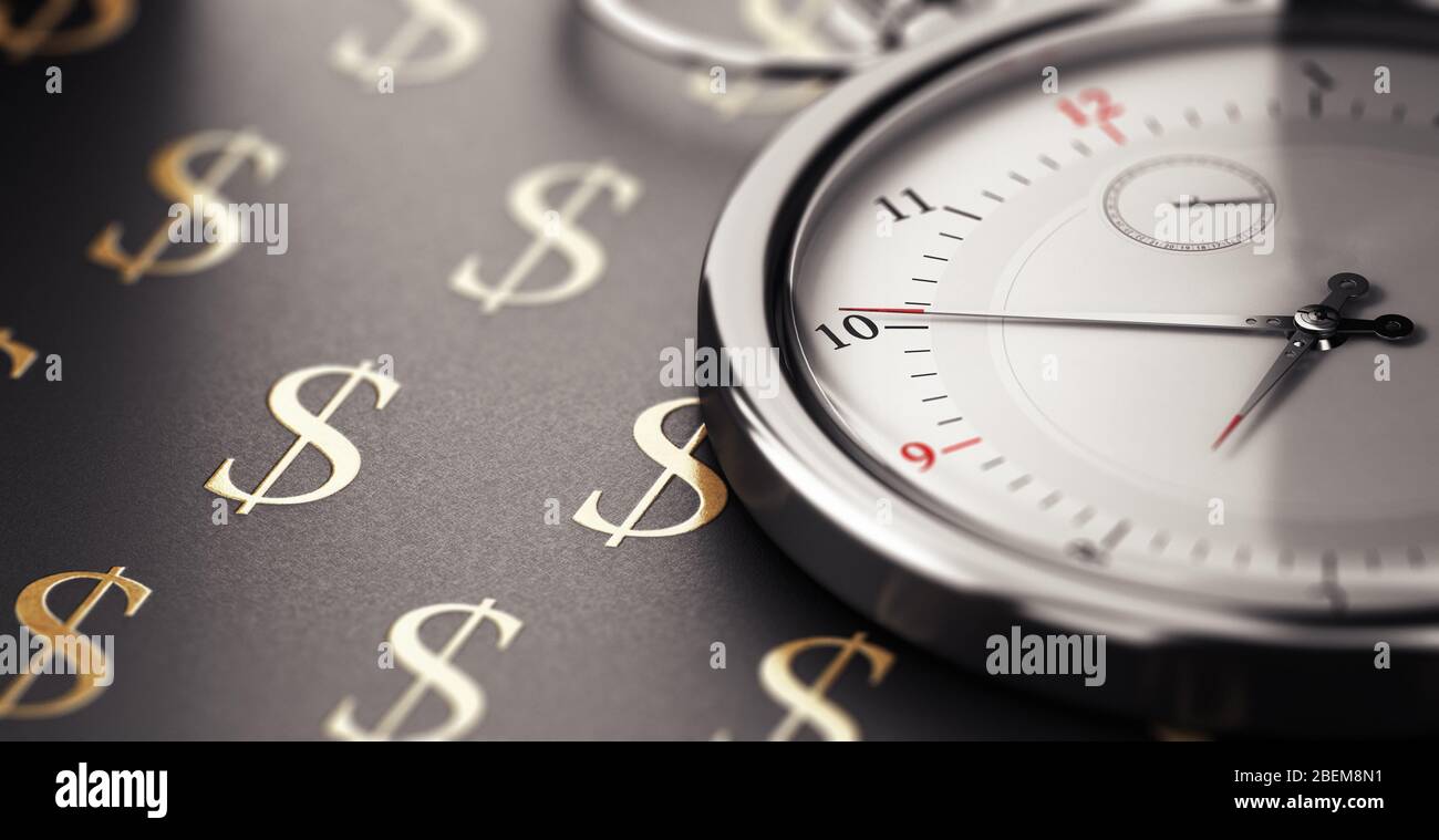 Horloge sur fond noir avec symboles en dollars d'or. Le temps est le concept de l'argent. Illustration tridimensionnelle. Banque D'Images