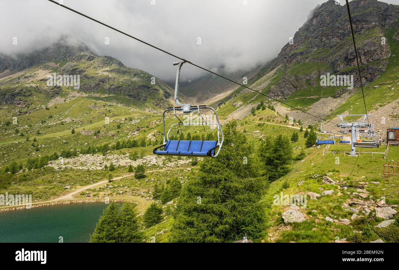 Télésiège Pejo 3000 : le télésiège atteint une altitude de 3000 mètres, Pejo, Trentin-Haut-Adige, Italie - 10 août 2019. Banque D'Images