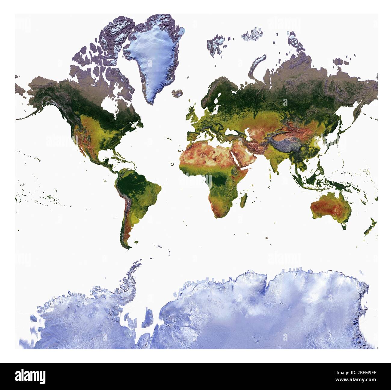 Carte du monde montrant la couverture terrestre et le relief ombré avec un style naturel et un ombrage de relief des océans. Projection Mercator. Banque D'Images