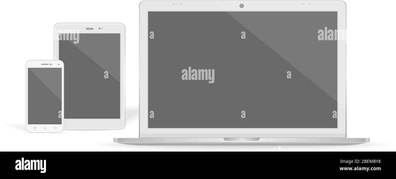 Ensemble de moniteurs d'ordinateur, tablettes et téléphones graphiques vectoriels réalistes sur fond blanc. Illustration de Vecteur