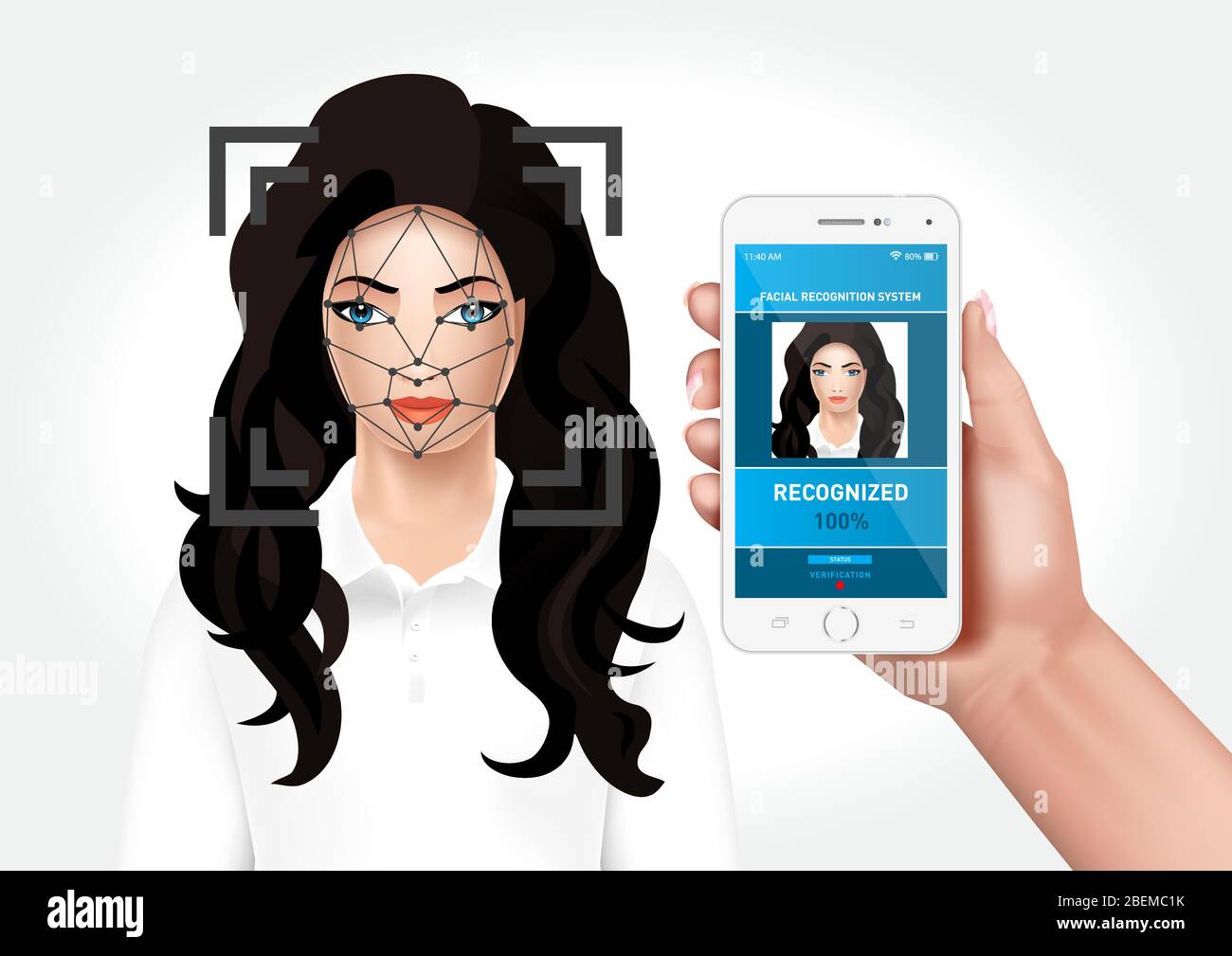 Graphiques vectoriels illustrant le système de reconnaissance faciale intégré à l'application mobile intelligente. Identification du visage d'une femme. Illustration de Vecteur