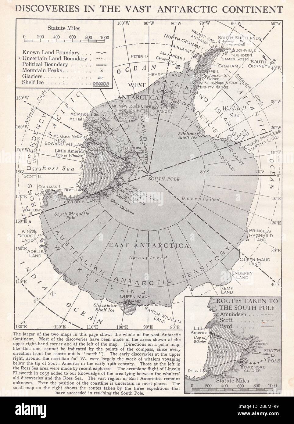 Carte des découvertes des années 1930 dans le vaste continent Antarctique. Banque D'Images