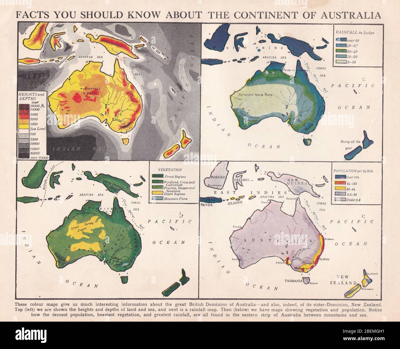 Cartes anciennes des années 1930 d'Australie montrant la végétation, les précipitations, la hauteur et les profondeurs, et la population. Banque D'Images
