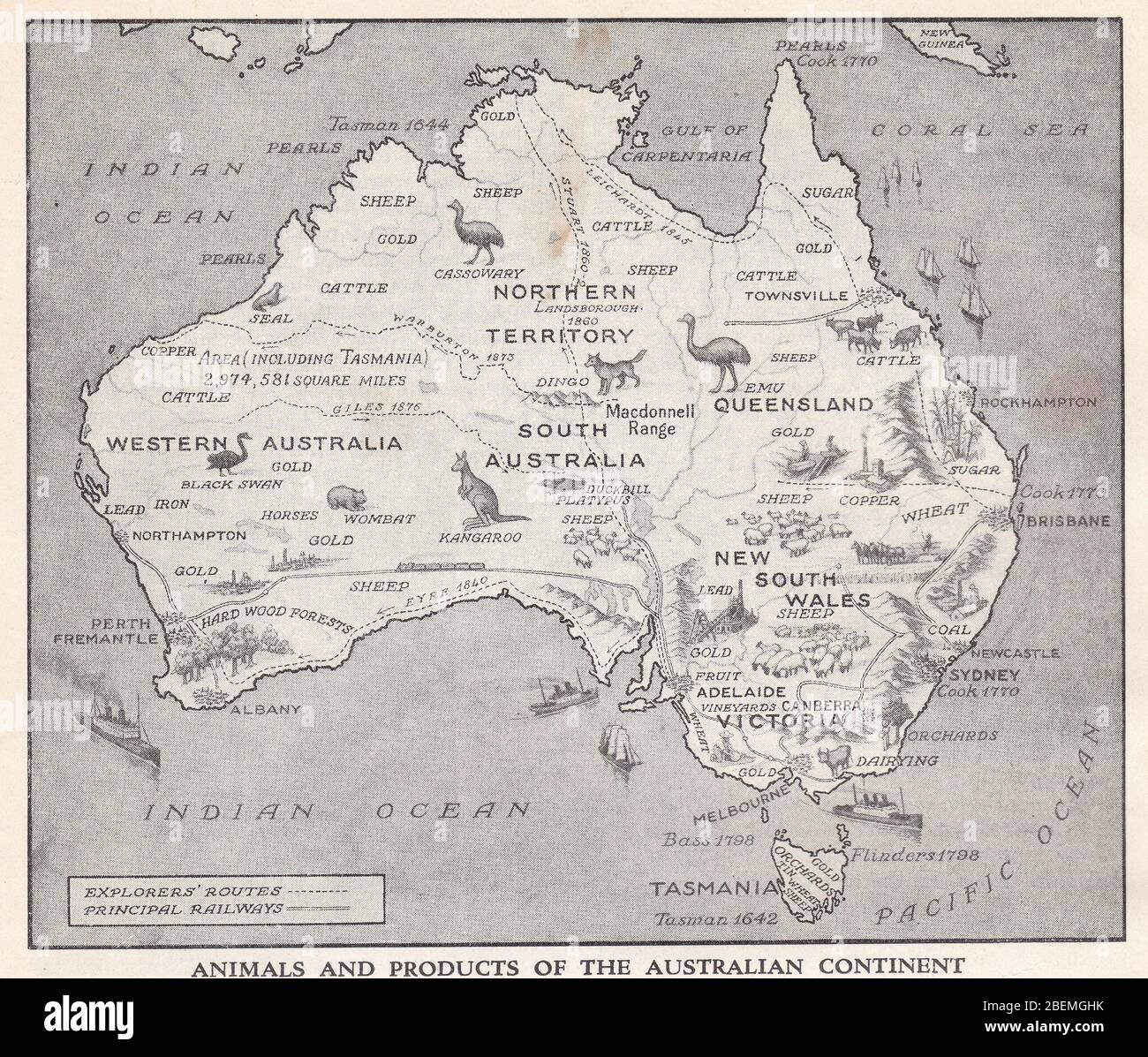Carte des animaux et des produits du continent australien des années 1930 ainsi que des itinéraires d'Explorers et des chemins de fer principaux. Banque D'Images