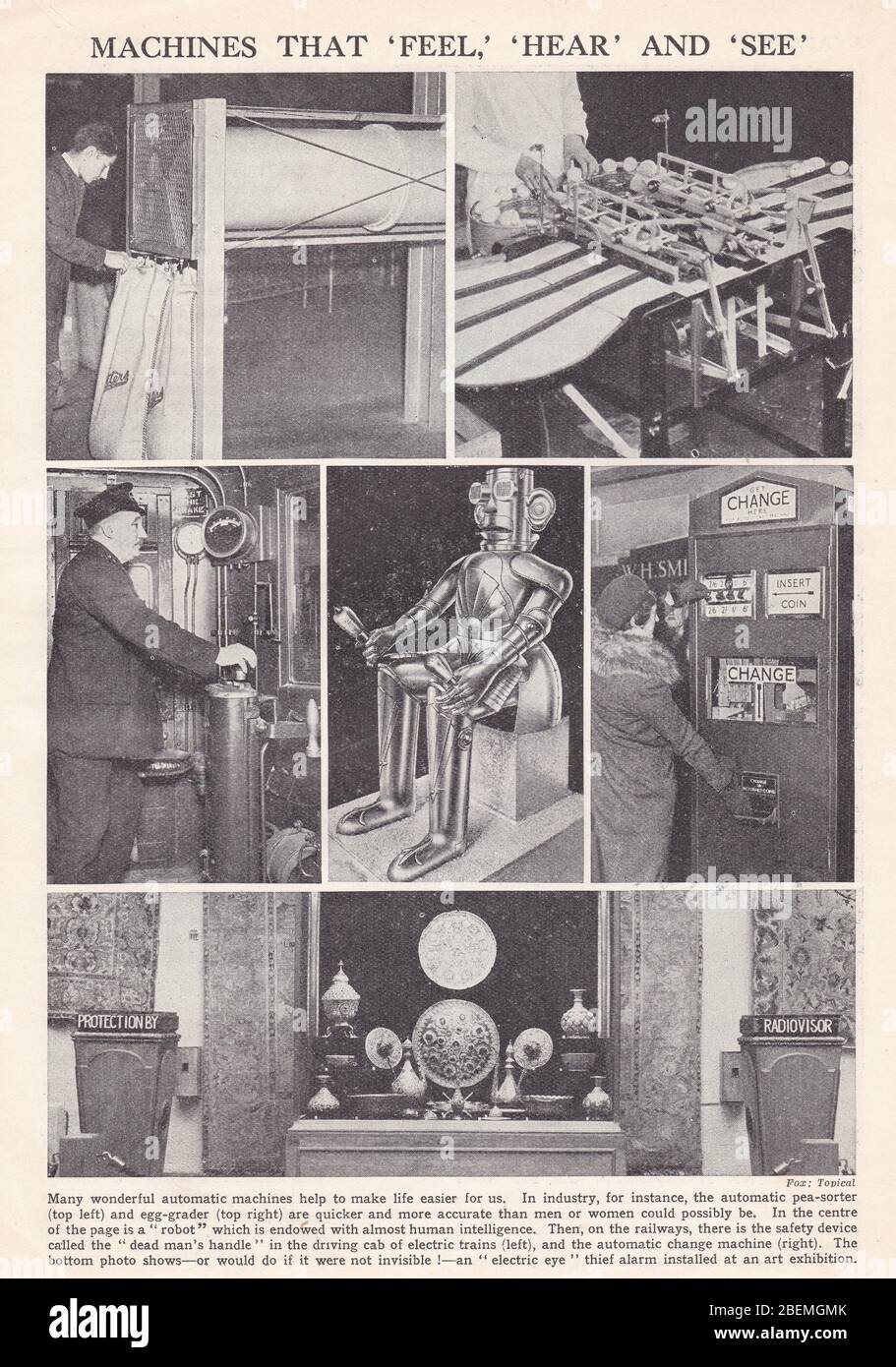 Photos noir et blanc vintage des années 1930 de machines qui sentent, entendent et voient. Banque D'Images