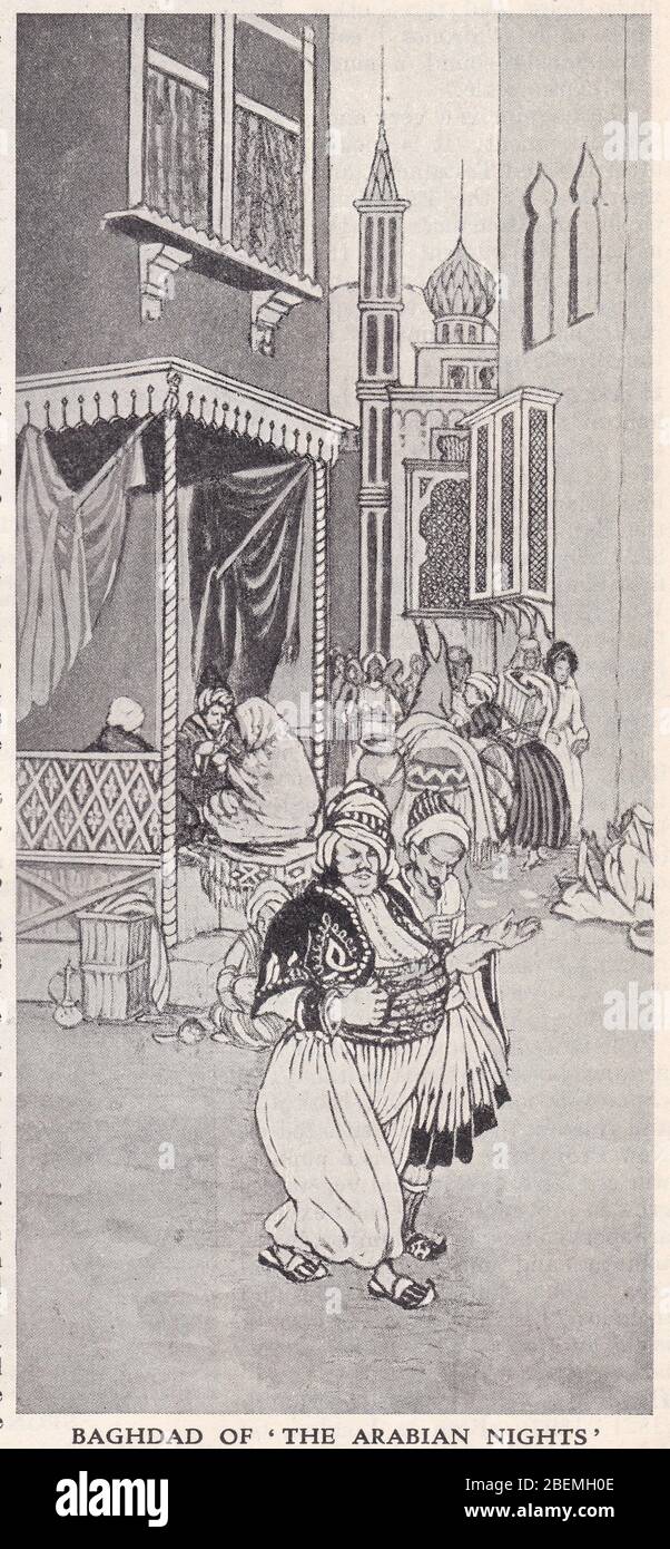 L'impression d'artiste vintage des années 1930 dessine Bagdad des nuits arabes. Banque D'Images