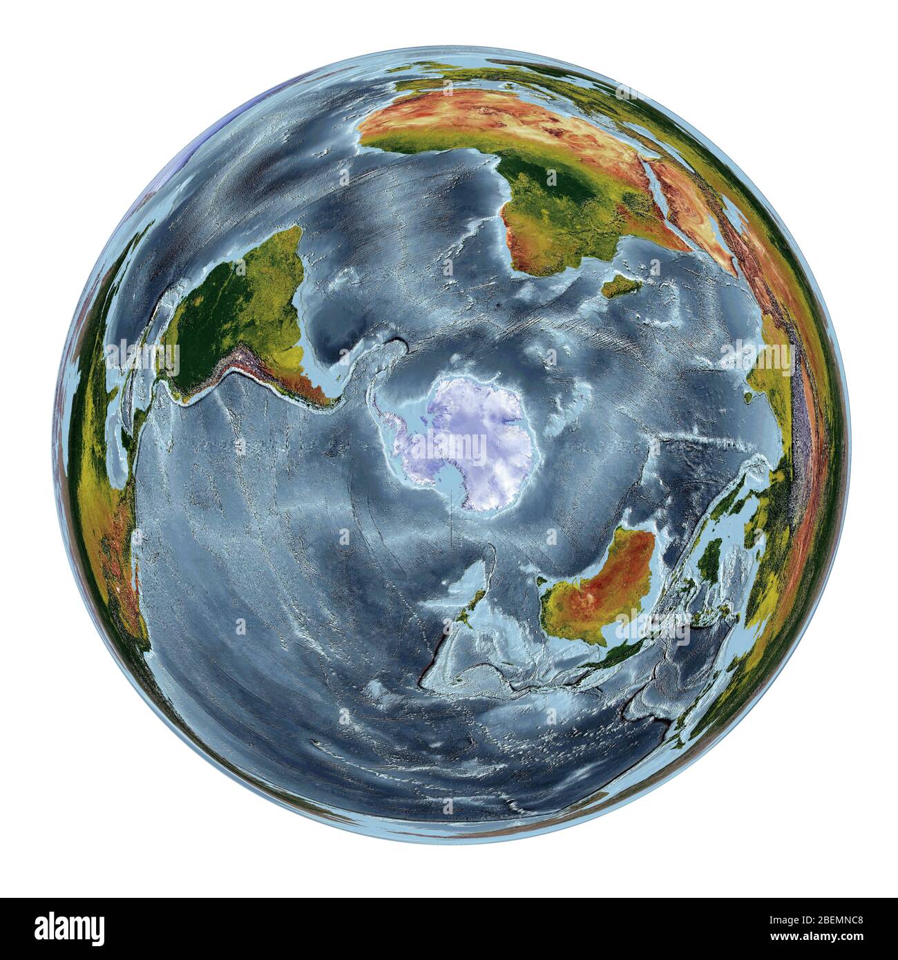 Carte du monde montrant la couverture terrestre et le relief ombré avec un style naturel et un ombrage de relief des océans. WGS 1984 EASE Grid South projection Banque D'Images
