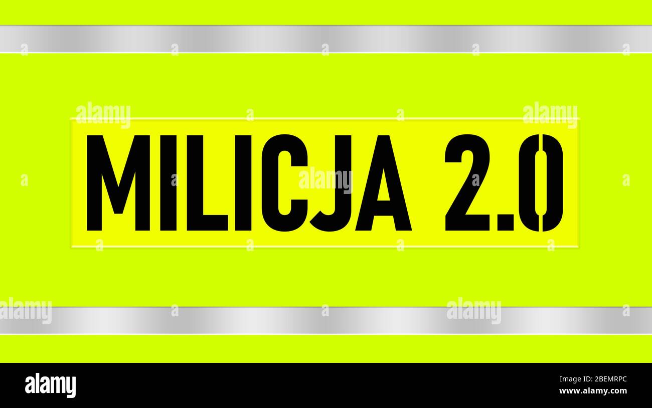 Concept de logo Milicja 2.0, texte noir placé sur un fond vert vif - jaune. Logo et conception de concept de texte de la milice Vest. Banque D'Images