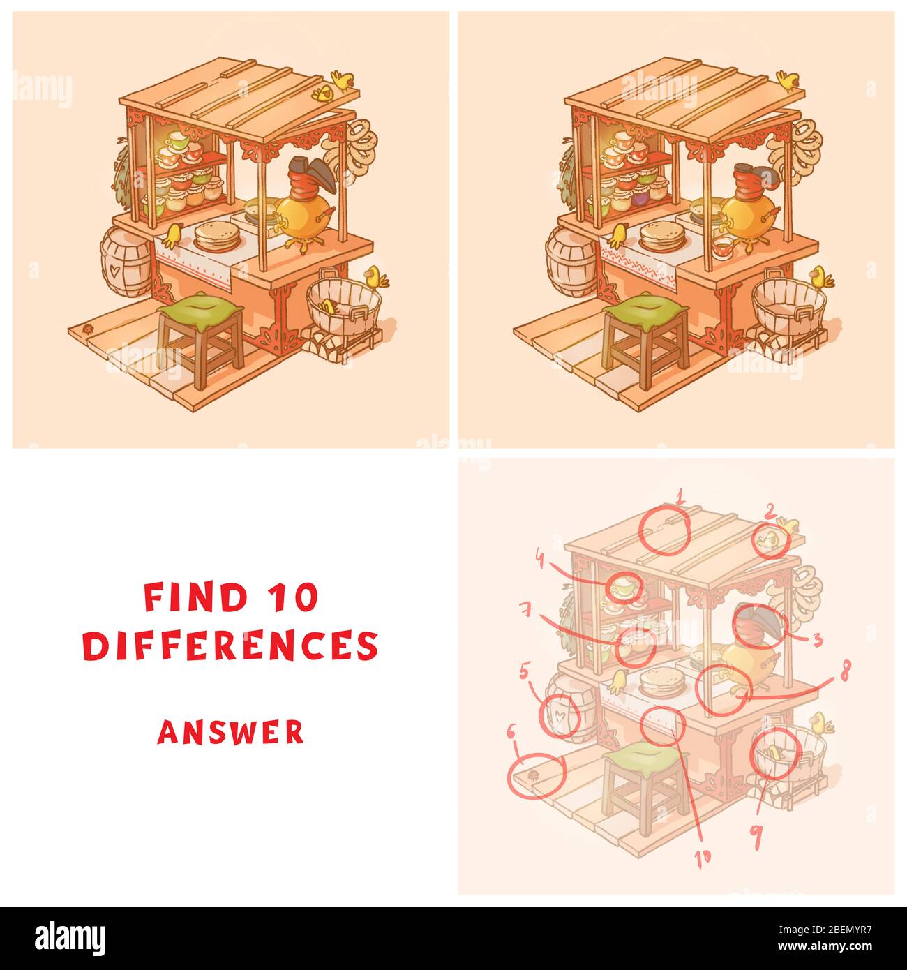 Trouvez 10 différences. Marché de nourriture de la ferme coloré de dessin animé. Banque D'Images