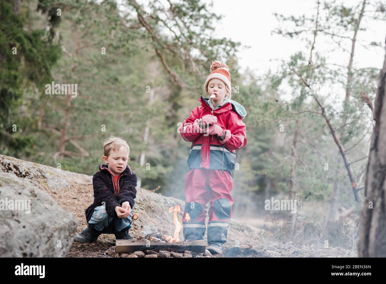 Frère et sœur cuisant des guimauves sur un feu de camp en Suède Banque D'Images