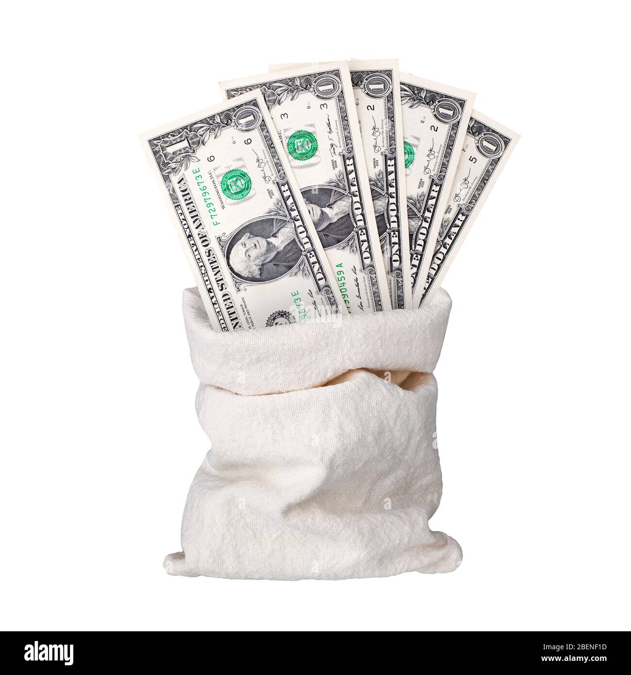 Un billet en dollars US dans un sac de toile sur fond blanc isolé gros  plan, 1 dollar américain de ventilateur de facture dans sac de toile plein  de trésorerie bronzée Photo