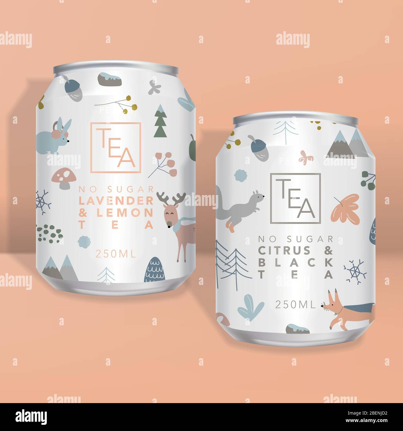 Jus vectoriel, Soda, thé ou café peuvent emballage, Winter Forrest animaux conception minimale Illustration de Vecteur