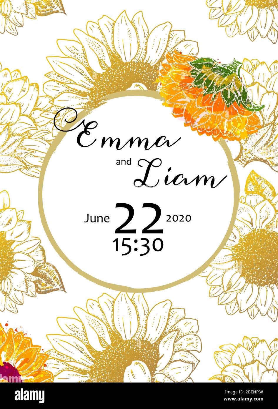 Modèle de motif invitation à mariage avec aquarelle vectorielle, adapté à l'estampage à feuilles chaudes, à l'élégant cadre doré à fleurs Illustration de Vecteur