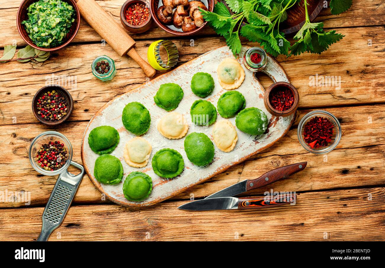 Ravioli de régime maison farcis aux épinards et à l'ortie.boulettes colorées non cuites ou raviolis Banque D'Images