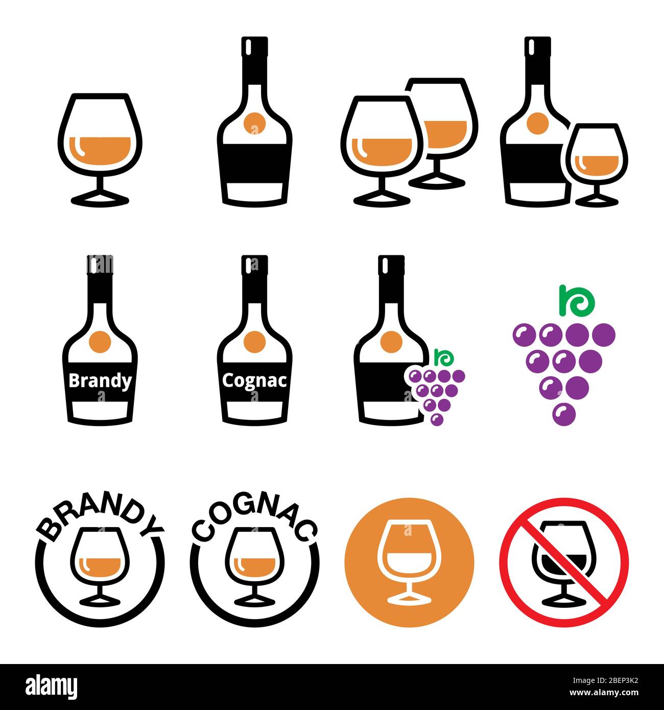 Ensemble d'icônes de couleur vectorielles brandy et cognac - ensemble de design alcool, alcool - bouteille de brandy et cognac, icônes de verre isolées sur blanc Illustration de Vecteur