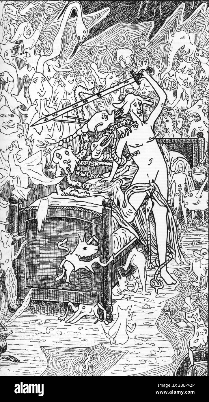 Représentation de Paracelse (1493-1541) medecin et philosope combattent les larves, esprits malveillants (Paracelsus luttant contre les larves) Dessin de H Banque D'Images