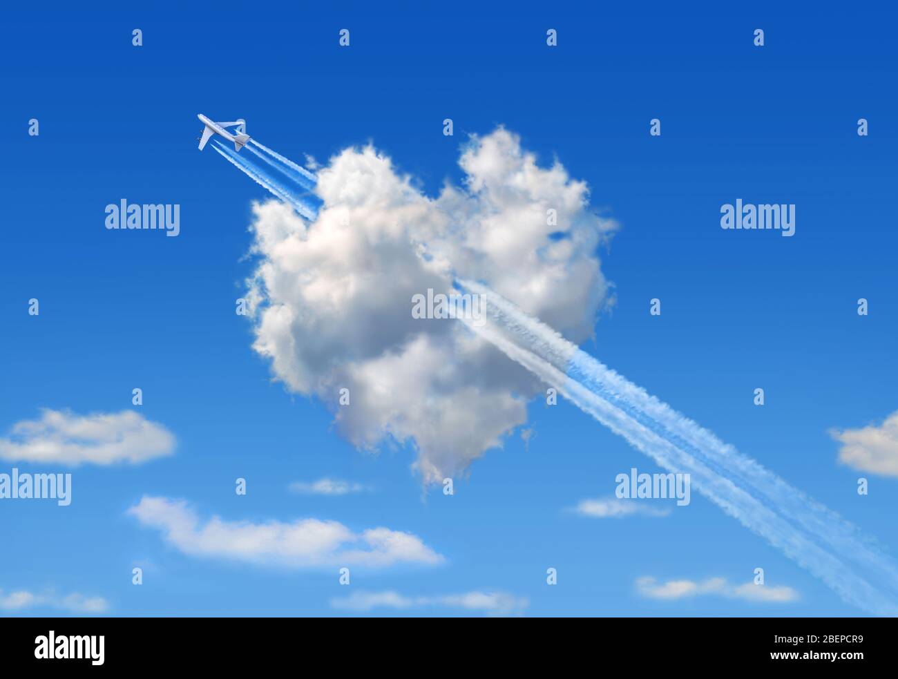 Nuage moelleux avec la forme d'un coeur dans un ciel bleu et un jumbo jet qui le traverse symbolisant une flèche comme signe d'amour. Banque D'Images