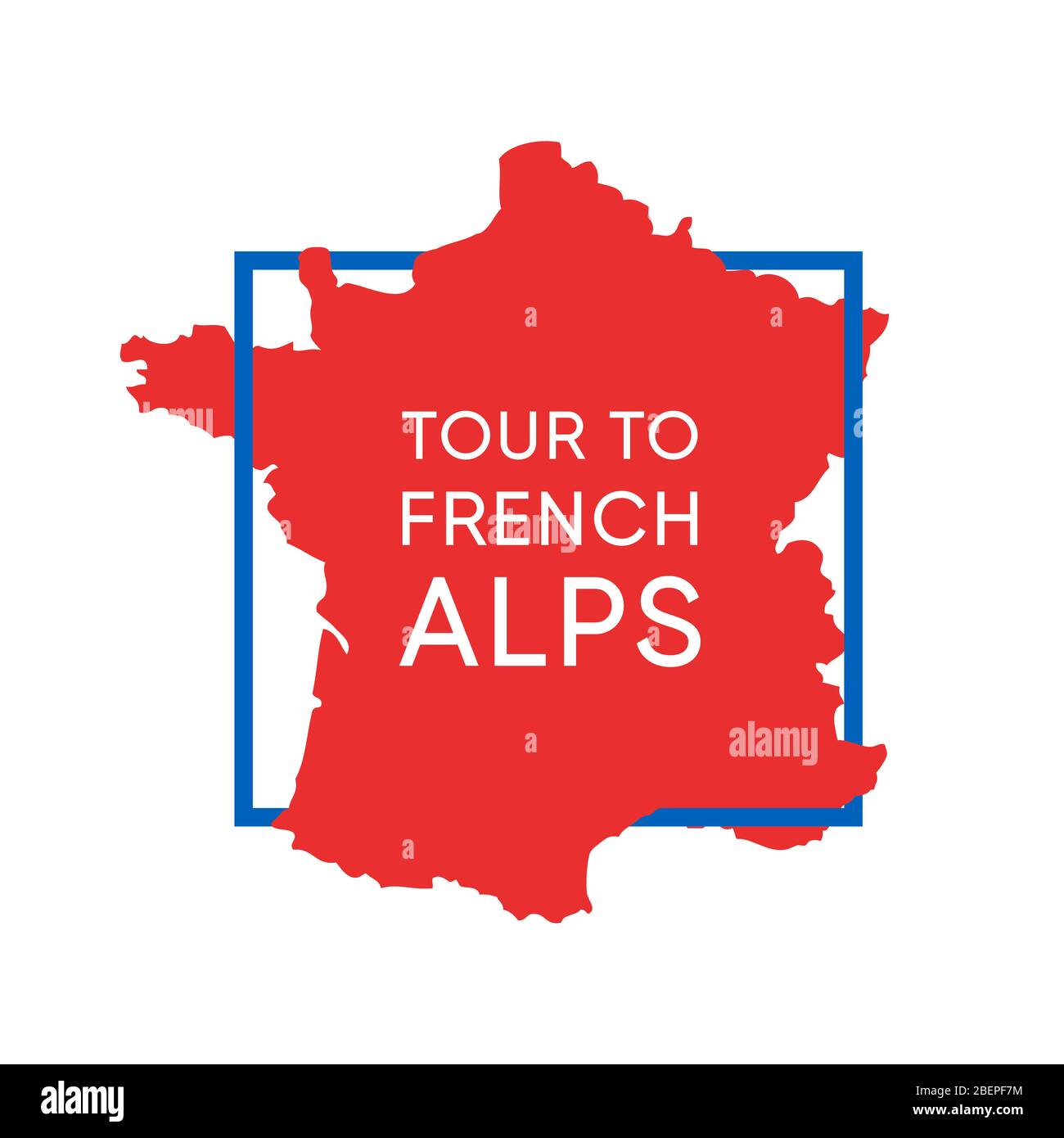 Logo avec carte de France en couleurs nationales avec légende, visite des Alpes françaises. Modèle d'invitation à une croisière dans les montagnes alpines. Illustration de Vecteur