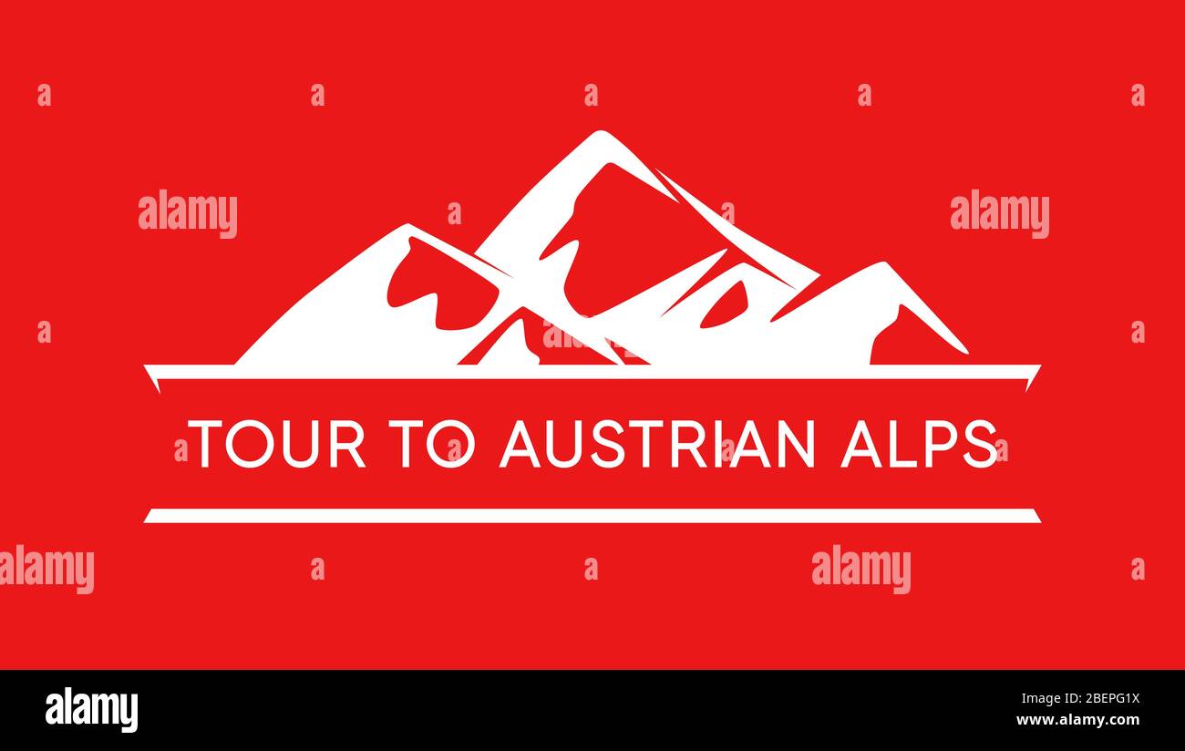 Visite des Alpes autrichiennes, logo rouge des montagnes autrichiennes isolé sur fond rouge. Vector Emblem avec les Alpes d'Autriche. Illustration de Vecteur