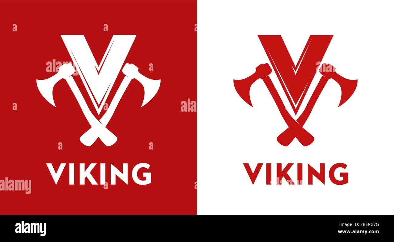 Logo Viking - emblème vectoriel en rouge isolé sur fond blanc et rouge. Style avec axes croisés et lettre V. Illustration de Vecteur