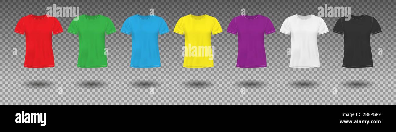 Ensemble de maquettes de t-shirt de couleur réaliste. T-shirt rouge, vert et bleu pour homme. Différents coloris vêtement de sport modèle isolé. Illustration vectorielle Illustration de Vecteur
