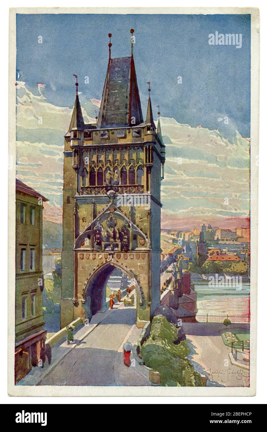 Carte postale historique tchécoslovaque : Tour du pont de la vieille ville et pont Charles en traversant la Vltava, 1928, Prague, première République tchécoslovaque Banque D'Images