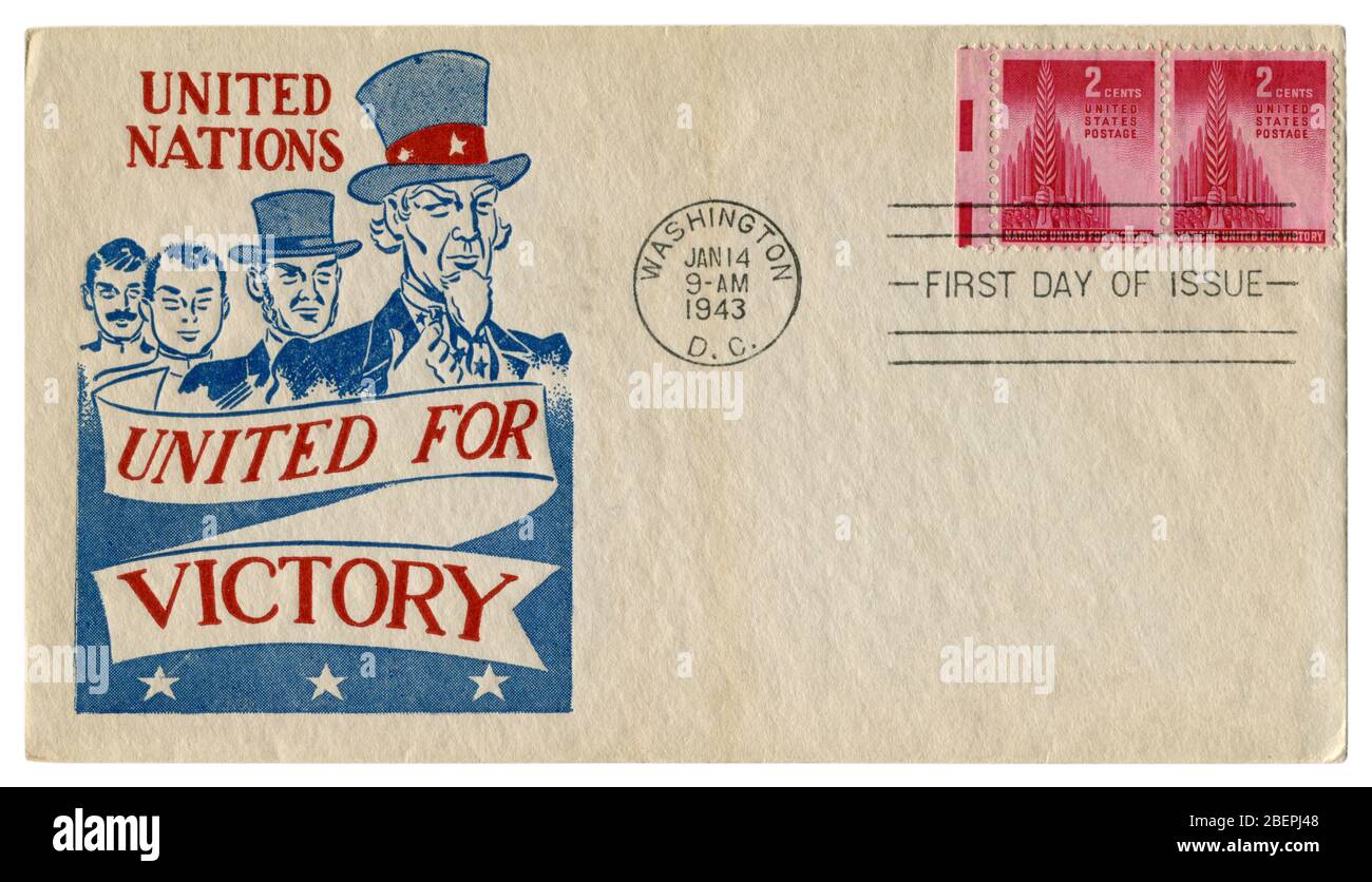 Washington, D.C., États-Unis - 14 janvier 1943: Enveloppe historique DES ÉTATS-UNIS: Couverture avec un cachet patriotique Nations Unies, Unis pour la victoire, Oncle Sam Banque D'Images