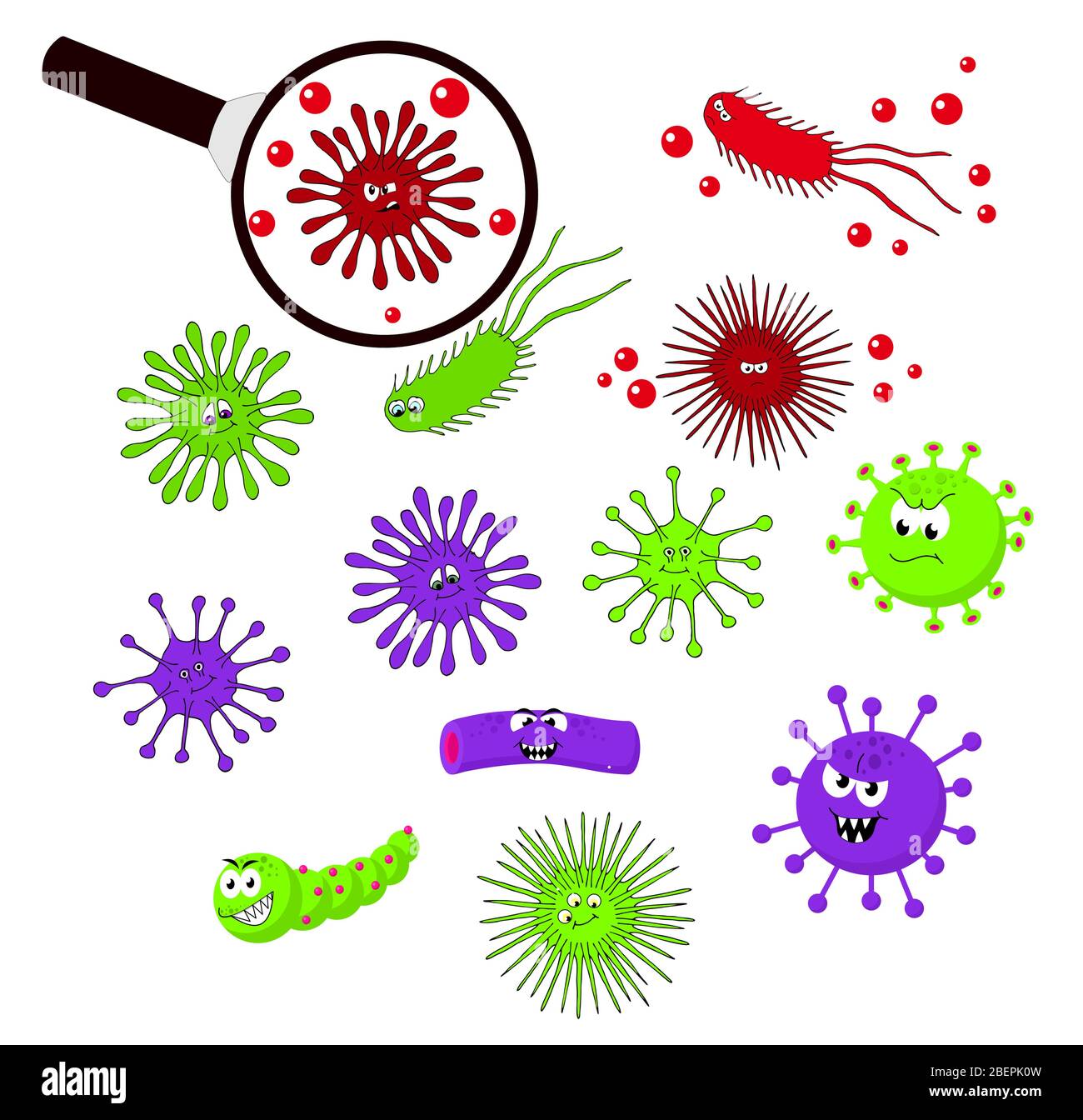 Ensemble coloré de bactéries et de germes, différents types, bactéries, virus, microbes illustration de dessins animés vectoriels. Illustration de Vecteur