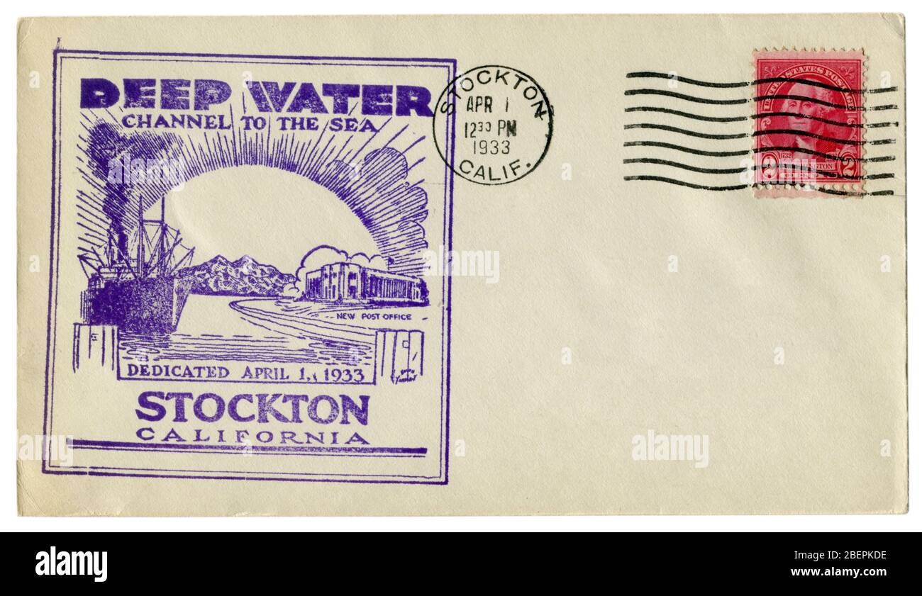 Stockton, Californie, Etats Unis - 1 Avril 1933 : enveloppe historique : couvrir avec cachet chenal profond de la mer, George Washington stamp Banque D'Images