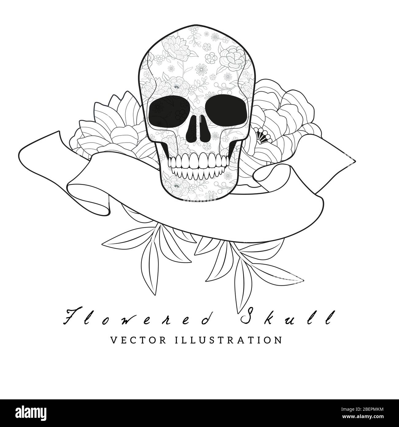 Fleurs inspirées par la broderie des châles orientaux, crâne et bannière vierge pour le texte Illustration de Vecteur