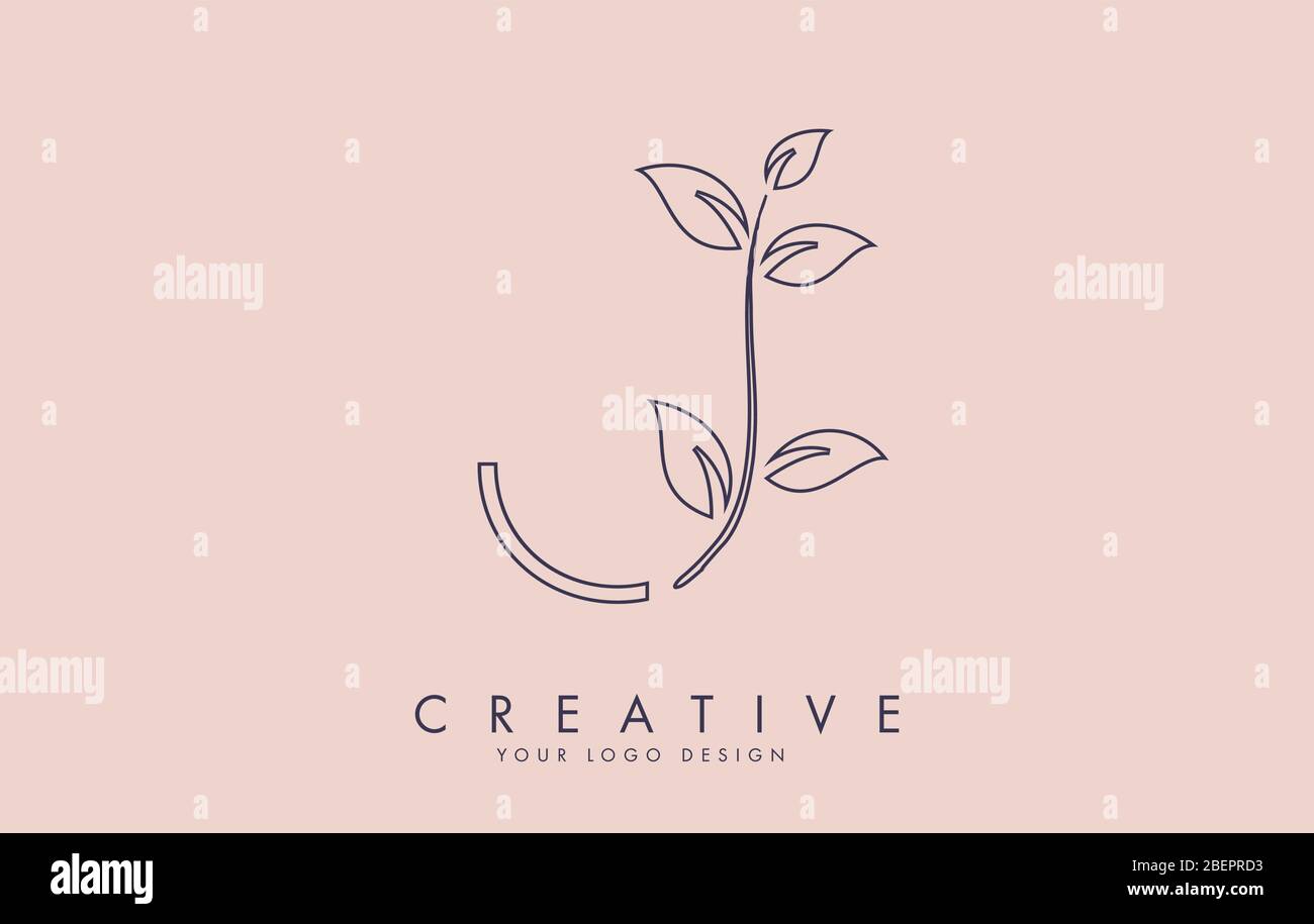 Feuille de contour lettre J logo conception avec feuilles sur une branche et fond rose. Lettre J avec concept de nature. Illustration vectorielle ECO et organique Illustration de Vecteur