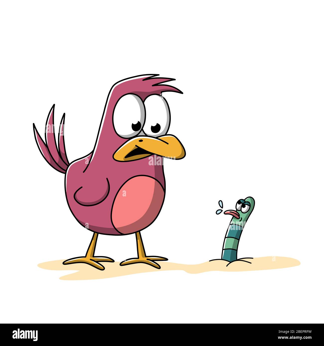 Un ver se colle à la langue d'un oiseau. Illustration vectorielle dessinée à la main avec des calques séparés. Illustration de Vecteur