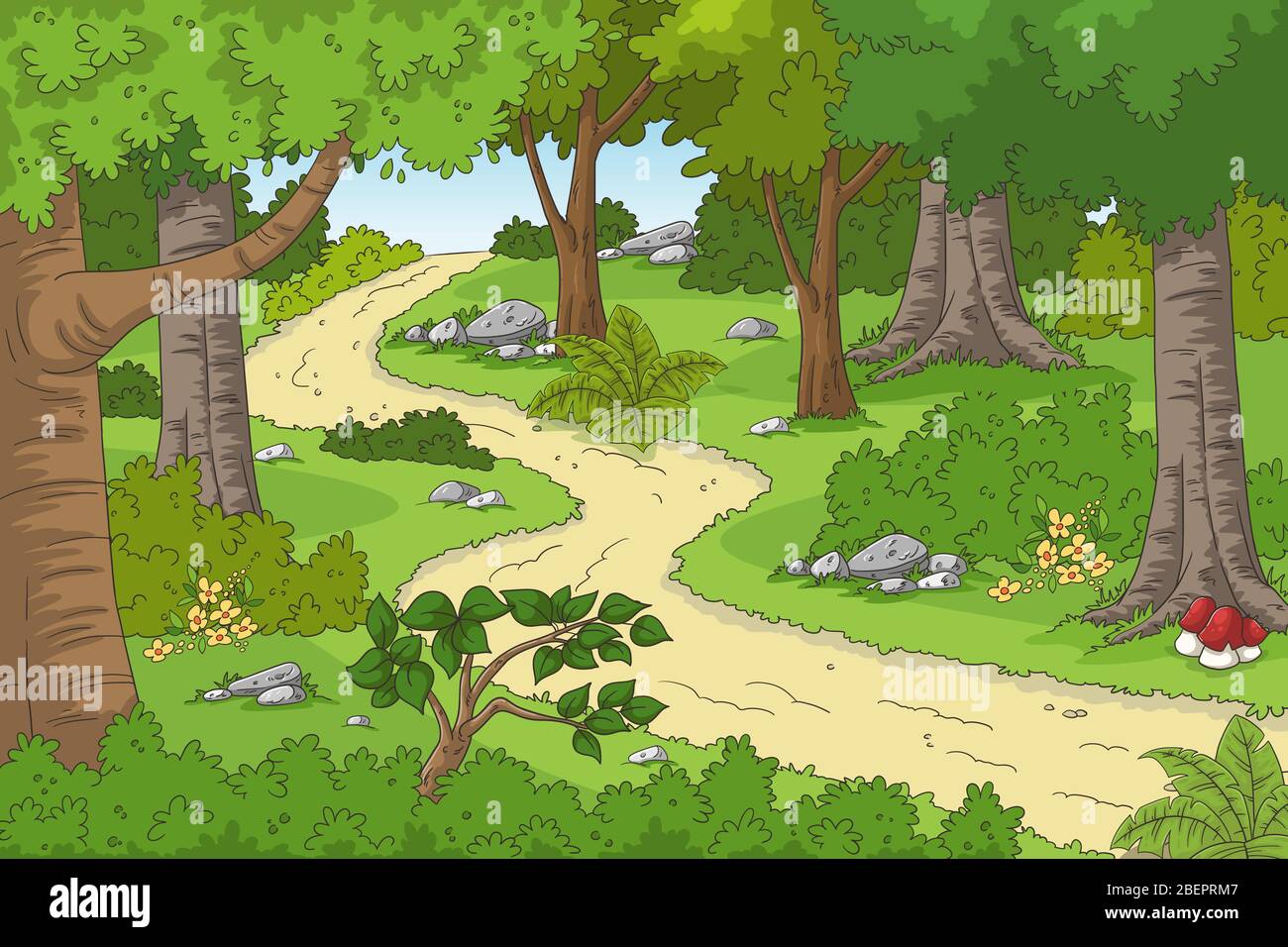 Paysage de forêt de dessin animé avec sentier de randonnée. Illustration vectorielle dessinée à la main avec des calques séparés. Illustration de Vecteur Paysage de forêt de dessin animé avec sentier de randonnée. Illustration vectorielle dessinée à la main avec des calques séparés. Illustration de Vecteur