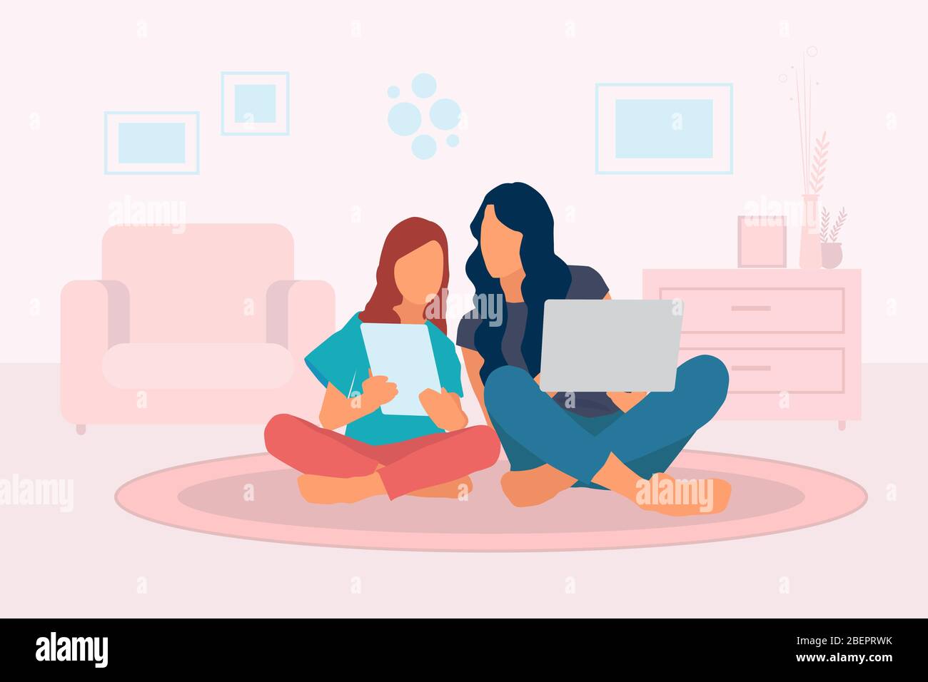 Mère et fille avec un ordinateur portable et tablette numérique en main assis sur le sol à la maison dans le salon. La mère enseigne sa fille Illustration de Vecteur
