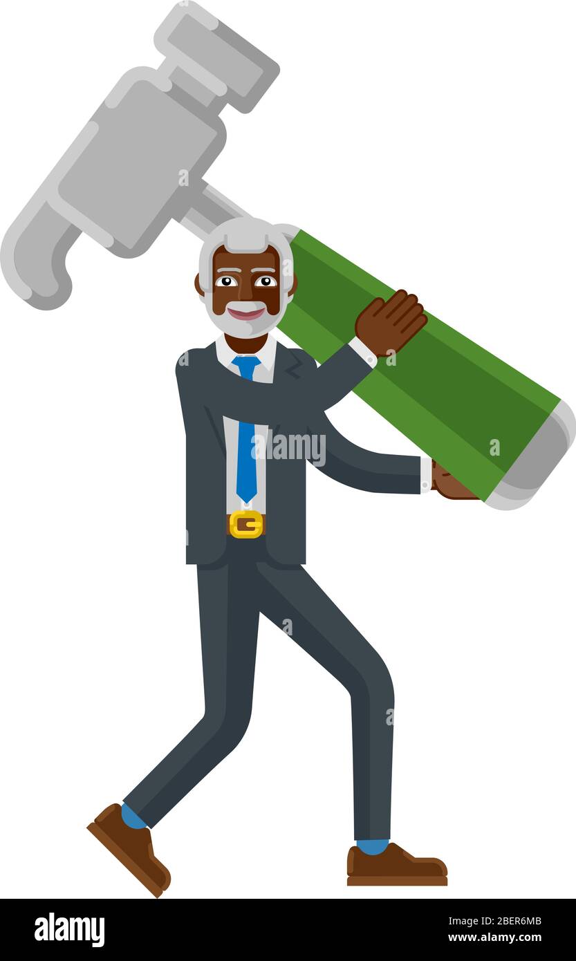 Mascot Hammer Holding Black d'homme d'affaires mûr Illustration de Vecteur