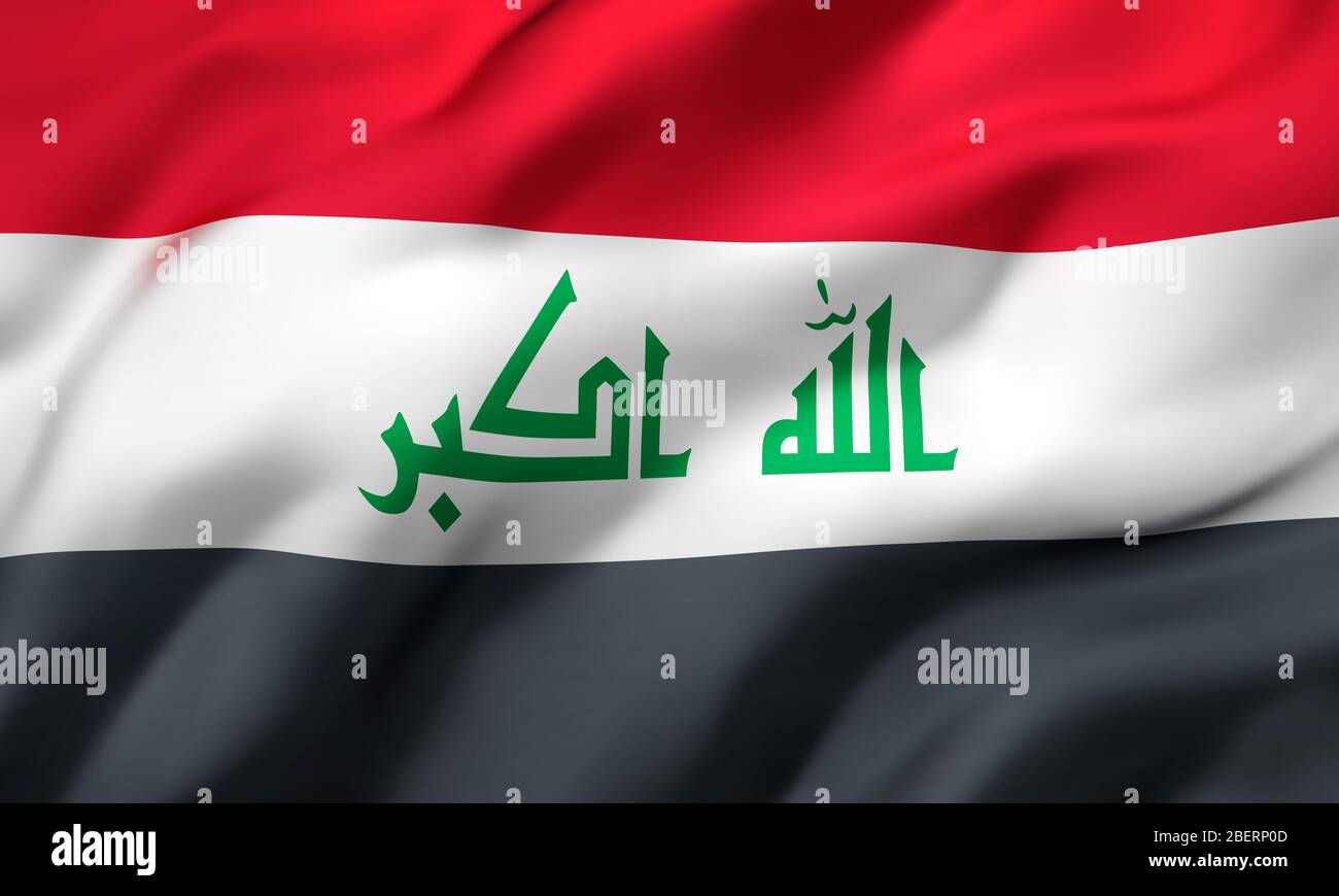 Drapeau de l'Irak soufflant dans le vent. Drapeau de vol irakien pleine page. Illustration tridimensionnelle. Banque D'Images