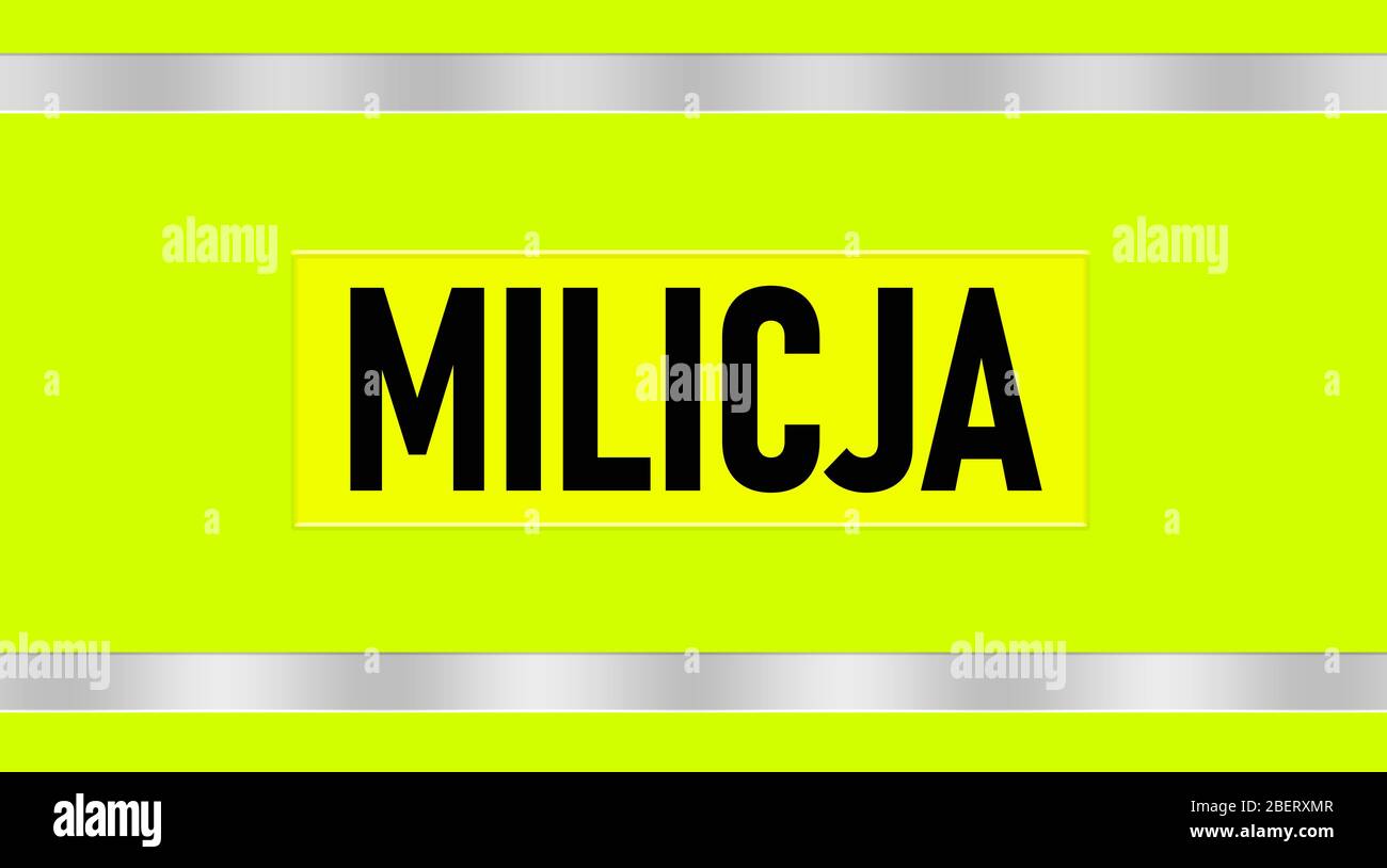 Concept du logo Milicja, texte noir placé sur un fond vert vif - jaune. Logo et conception de concept de texte de la milice Vest. Banque D'Images